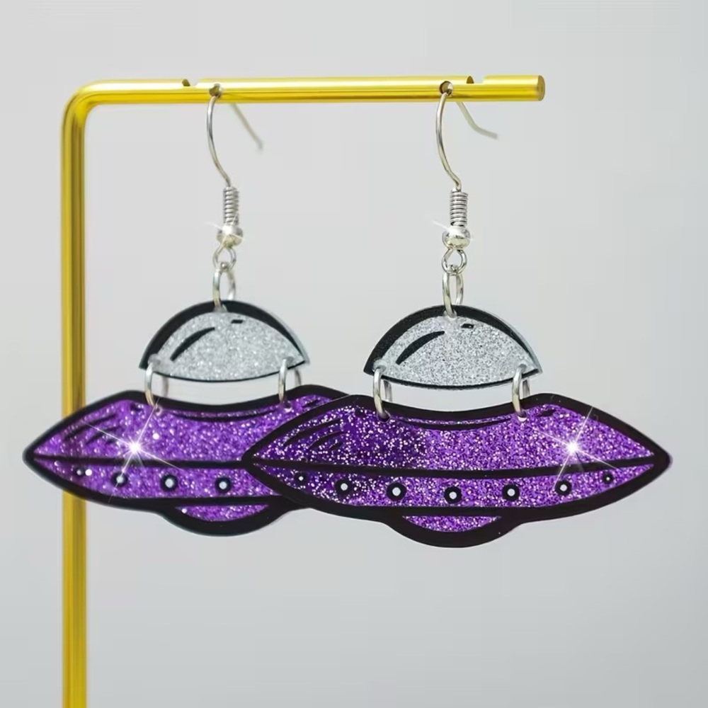 Purple Glitter UFO Dangle Novelty Earrings
